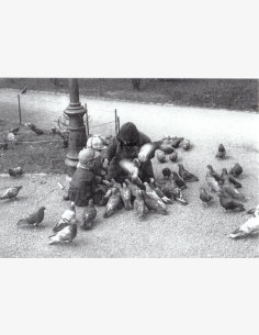 Nainen kahden lapsen kanssa ruokkimassa puluja, 1930-lukua, Hämeenlinna