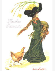 Rouva ulkoiluttamassa kanaa -pääsiäiskortti