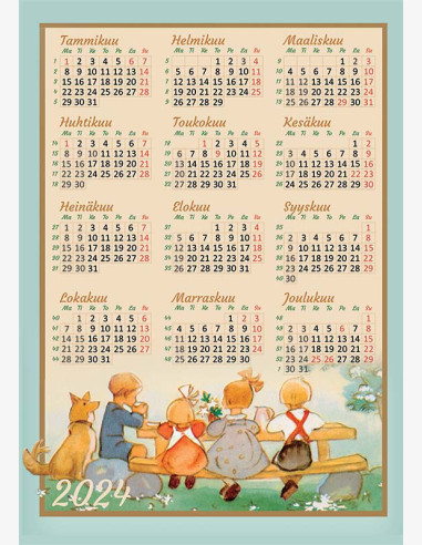 Martta Wendelin -kalenteripostikortti 2024 lapset ja evästauko